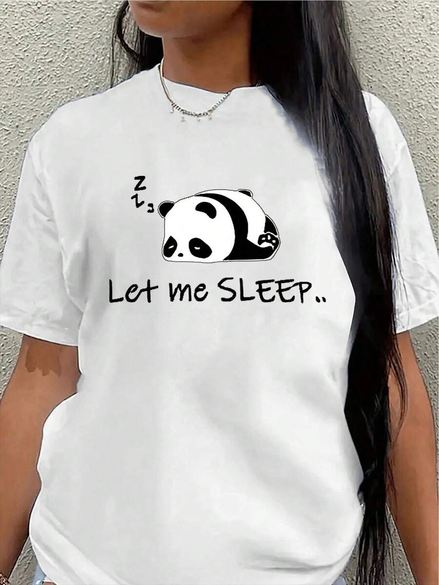 Camiseta de poliéster de manga corta, estampada con un lindo diseño de panda durmiendo y la frase "Déjame dormir", es ligera y duradera, adecuada para entornos casuales como el hogar, la oficina o el restaurante, y cómoda para el uso diario. blusas para mujer>ropa - Blanco - Ver 1