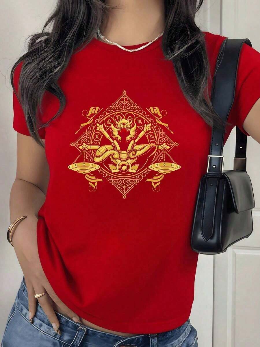 100% Cotton. Golden Symbol Inspired By Zodiac Energy With Scorpion And Wings Representing Mysterious Power And Spiritual Protection. Women's 100% Cotton T-Shirt. Women's Simple Solid Color T-Shirt, Loose And Slim Fit Casual Short Sleeve - 紅色的 - 查看 1