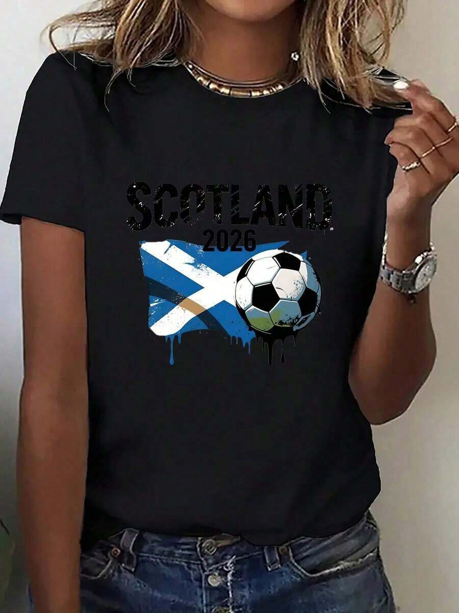 Modern Minimalist T-Shirt. Women's Printed Crew Neck T-Shirt, US-Mexico Clothing Collection. Fashionable Women's Crew Neck Printed T-Shirt With Scotland Football Team Print. A Striking And Versatile Wardrobe Essential. Football Fan Apparel, Cheerleading Clothing. New Sleeves - 黑色 - 查看 1