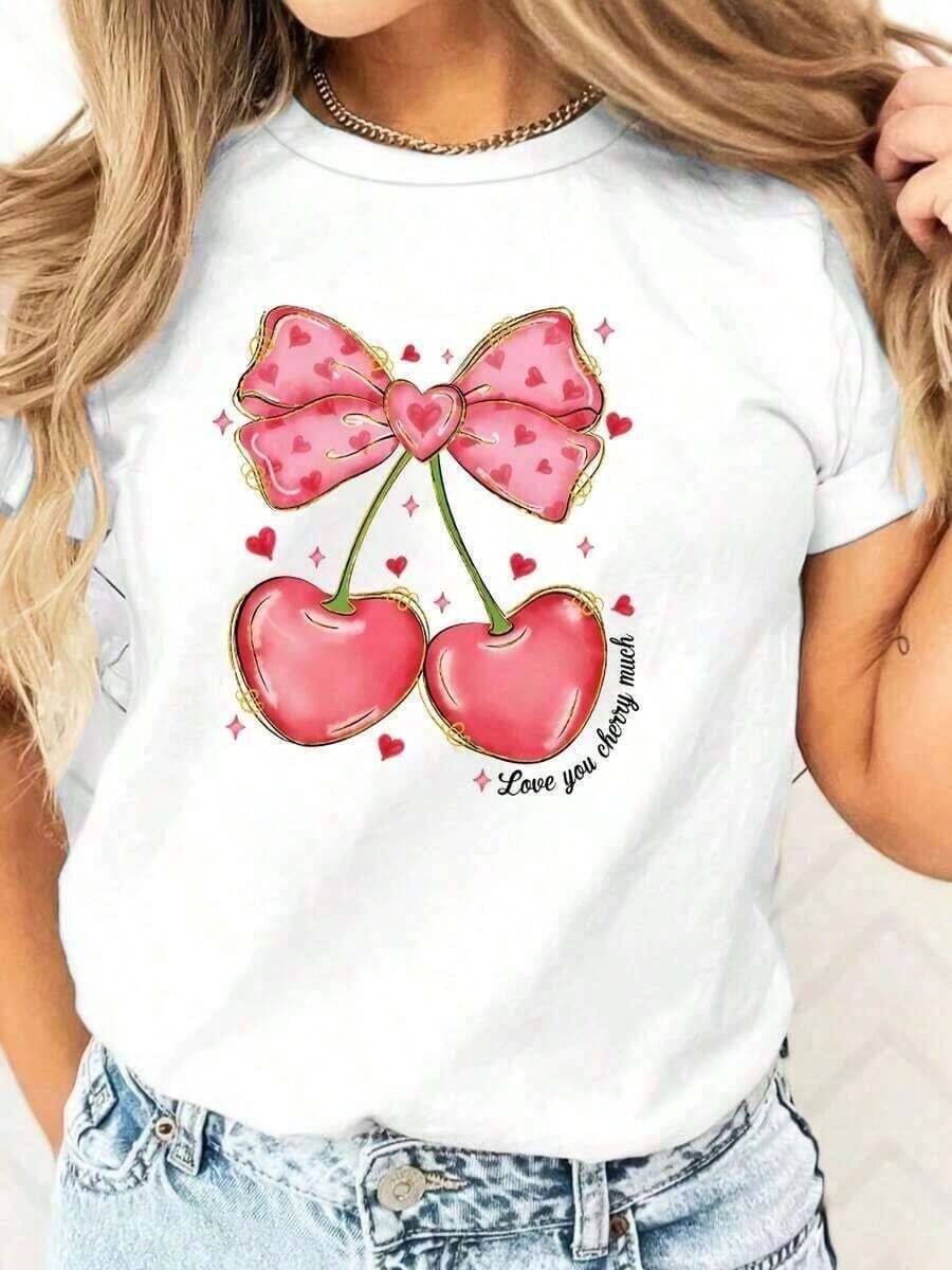 Women's Blouses. Plus Size Women's T-Shirt With Bow And Cherry Design, Suitable For Casual Wear, 100% Cotton, 100g. Suitable For Spring, Summer And Autumn - 白色 - 查看 1