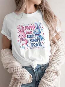 Women's Casual Sports T-Shirt, Crew Neck T-Shirt, POPPIN Down BUNNY TRAIL, Easter Bunny, Spring Casual Wear, Party Theme Outfit, Colorful Heart Design, Easter Walk, Bunny Hop, Comfortable All-Season Top, Women's T-Shirts - 白色 - 查看 1
