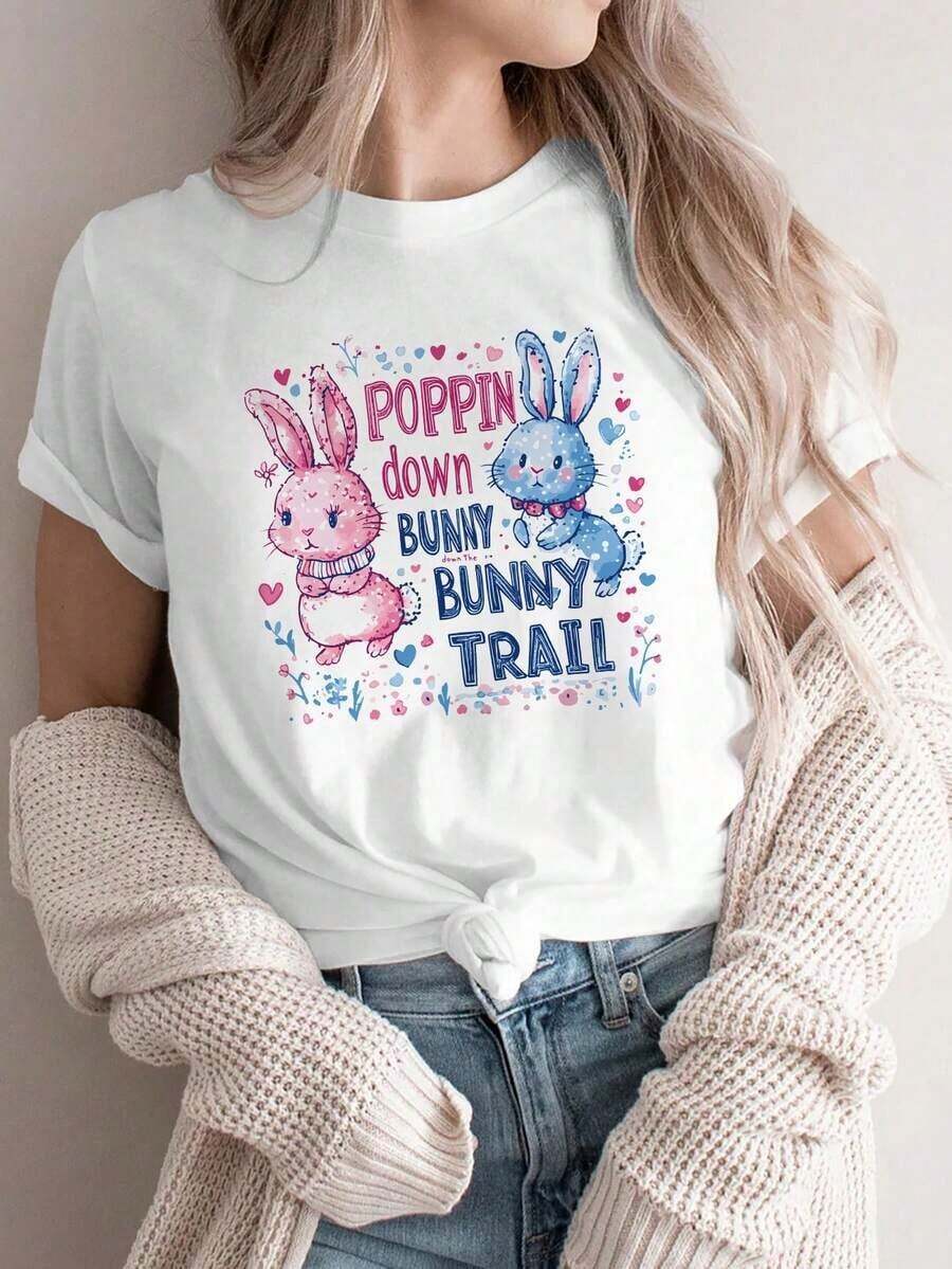 Women's Casual Sports T-Shirt, Crew Neck T-Shirt, POPPIN Down BUNNY TRAIL, Easter Bunny, Spring Casual Wear, Party Theme Outfit, Colorful Heart Design, Easter Walk, Bunny Hop, Comfortable All-Season Top, Women's T-Shirts - 白色 - 查看 1