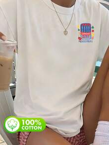 Women's White Minimalist Summer Top, 100% Cotton, Cartoon Sardine Print, Round Neck, Short Sleeves. - Banc - View 3