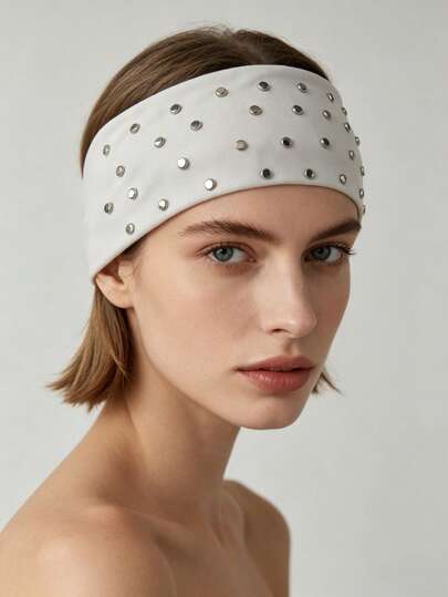 1pc Elastic Headband With Rivet Decor, Punk Style Solid Color Wide Hair Accessory, Suitable For Daily, Sports And Party Wear