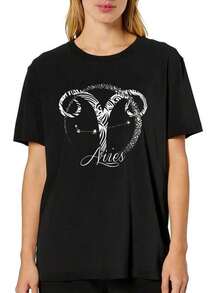 Women's Casual Short-Sleeved T-Shirt With Round Neck And Print, Featuring The Aries Zodiac Ram Print Design, Sizes S-3XL. Fashionable, Comfortable, And Breathable, Machine Washable. - 黑色 - 查看 1