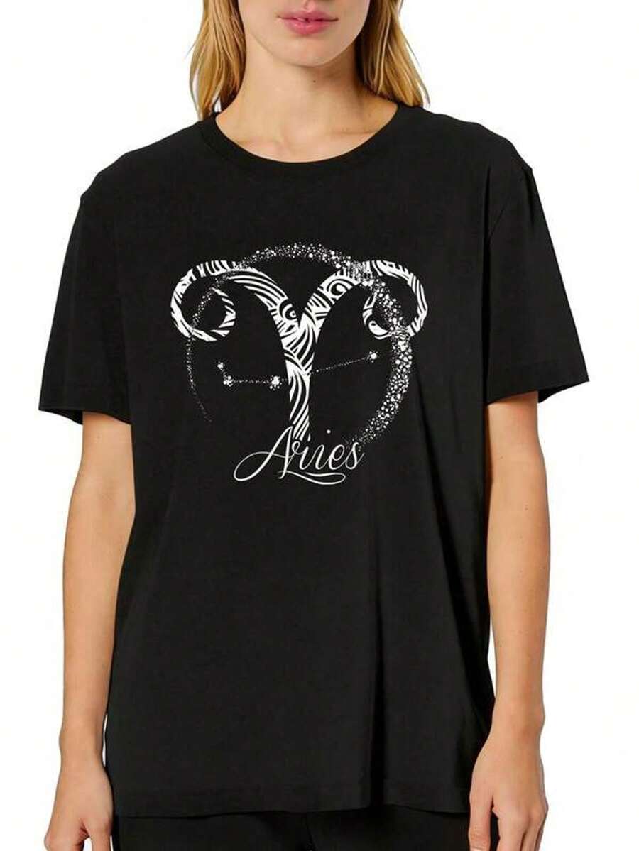 Women's Casual Short-Sleeved T-Shirt With Round Neck And Print, Featuring The Aries Zodiac Ram Print Design, Sizes S-3XL. Fashionable, Comfortable, And Breathable, Machine Washable. - 黑色 - 查看 1