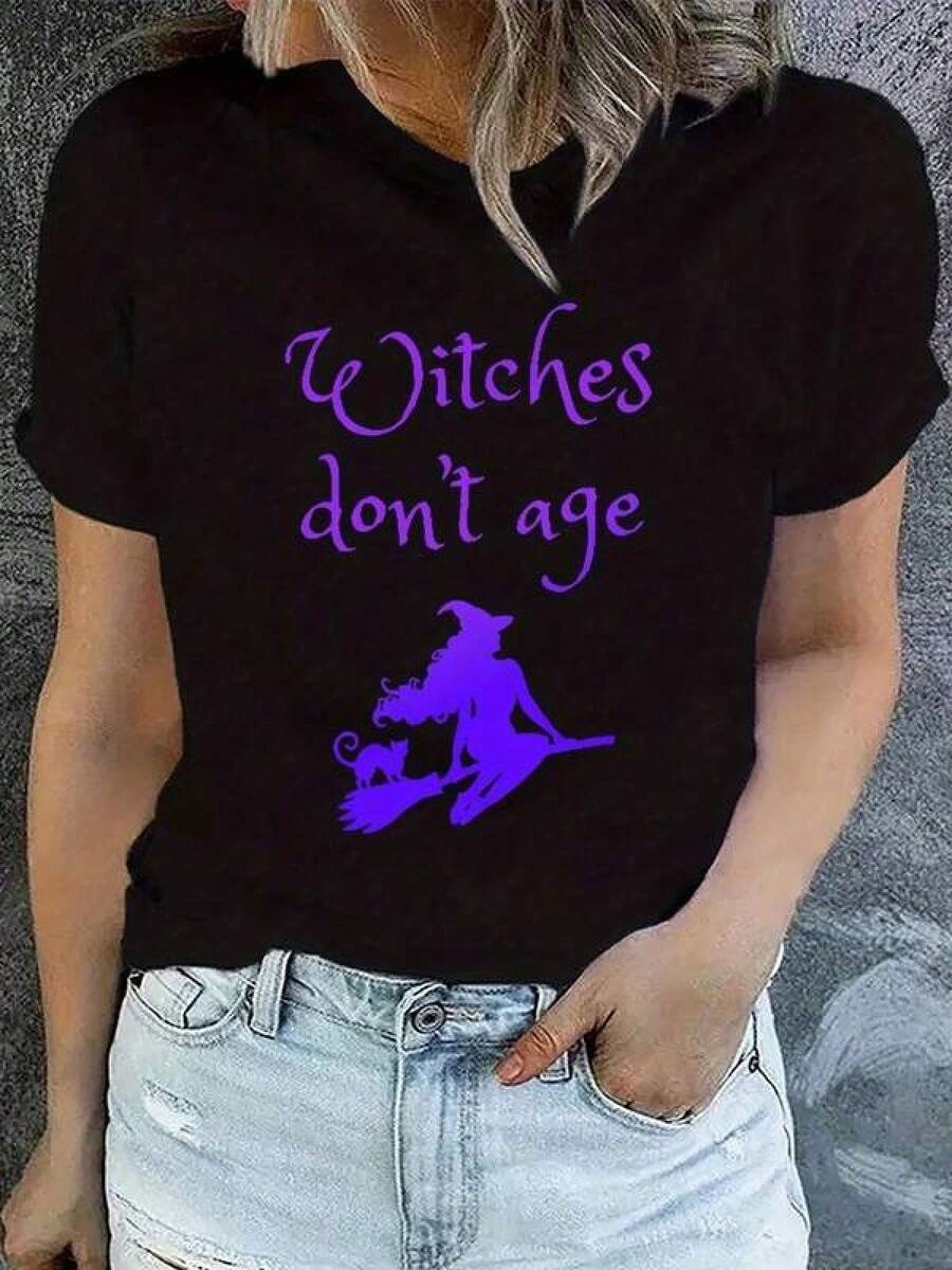 Camisetas Para Mujer AlgodónCamiseta divertida con estampado "Las brujas no envejecen" para mujer, estilo casual con diseño único ideal para Halloween, reunión de amigos o uso diario. Disponible en negro, talla S-XL. Moda femenina, camiseta original . mundial 2026 - Negro - Ver 1
