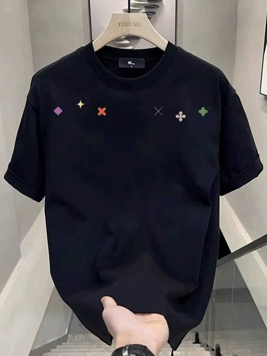 2026Camiseta de Manga Corta Oversize para Hombre - Corte Holgado Casual - 180g Algodón - Estampado Geométrico Transpirable, Absorbente de Sudor y Lavable a Máquina - Regalo Perfecto para Amigos o Fiestas2026 - Negro - Ver 1