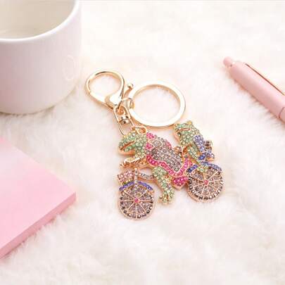 Vibrant Lucky Frog Cyclist Keychain, Gold-Tone With Rainbow Rhinestone, Playful Animal Bag Charm, Ideal For Backpack Decor & Good Luck Gift