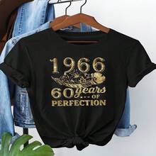 Women's Vintage 1966 60 Years Of Perfection Graphic Tee Black Cotton Round Neck Short Sleeve T-Shirt Casual Style - 黑色 - 查看 1