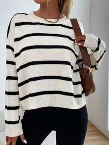 2026 European & American Style Women's Plus Size Striped Fashion Versatile Knit Pullover Sweater, Regular Length Long Sleeve Round Neck Top, Suitable For Autumn/Winter Casual Wear, Slouchy Loose Fit Pullover Sweater - Multicolor - View 3