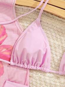 Conjunto de bikini de 3 piezas/set: Top halter casual y sexy con cubierta de malla floral transparente, Bottom de traje de baño con lazos laterales, tela con estiramiento moderado, adecuado para vacaciones, playa, actividades en la piscina, fiestas en la playa, vacaciones de verano - Multicolor 6 - Ver 3