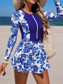 Swim Lushoire Traje de baño de una pieza con estampado de hojas tropicales en patchwork negro, con cierre delantero, conservador para vacaciones, surf y deportes - Multicolor 2 - Ver 11