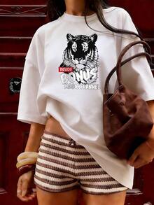 Black And White Tiger Head T-Shirt With "BONUS" Text.  Short-Sleeved T-Shirt For Spring And Summer 2026, Made In Mexico, 180 Grams. Cartoon Print, Couple Design, Suitable For Indoor Or Outdoor Wear. Crew Neck, Unisex, Ideal For Office And Leisure. One-Pack. - WH-P631577SLNDXZGY647 - 查看 2
