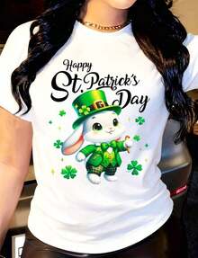 Camiseta de mujer con diseño de leprechaun, conejo, sombrero verde y traje de trébol, cuello redondo, manga corta, adecuada para uso diario al aire libre, perfecta para todas las estaciones. - Blanco - Ver 6