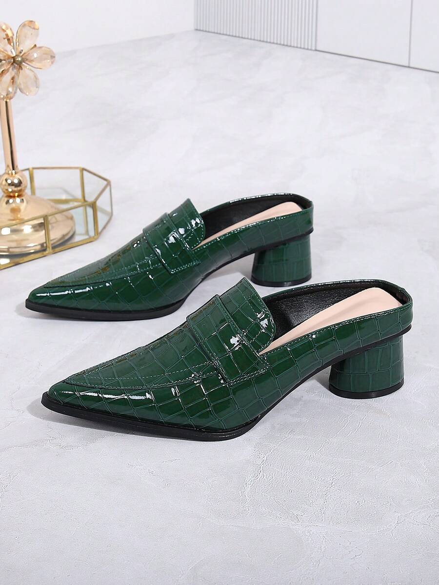 Giày bít mũi nhọn họa tiết da cá sấu, dép xỏ ngón đế tròn dày nhỏ, giày lười nữ tiện dụng đi làm. - màu xanh lá - Xem 1