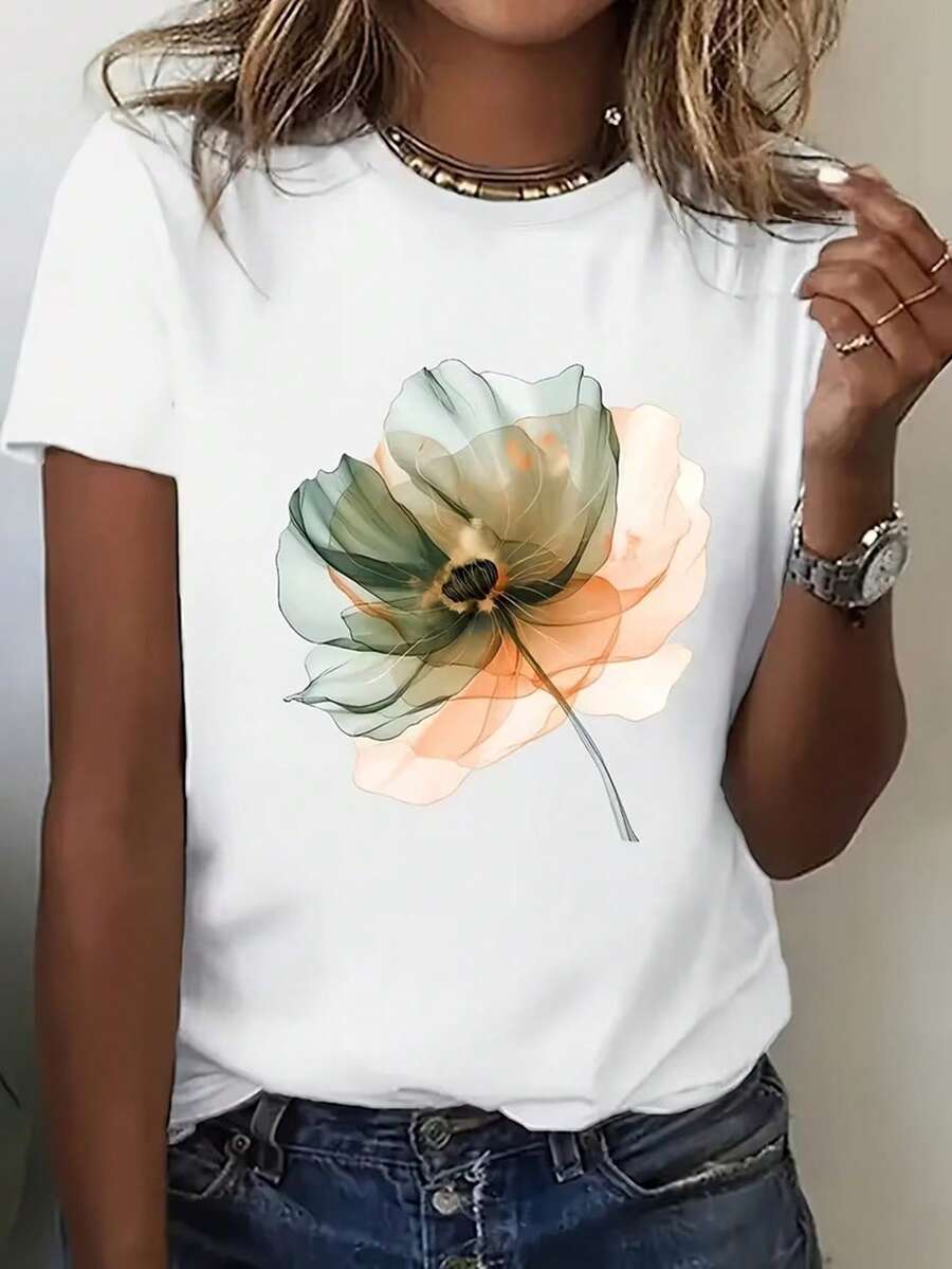 Women's Short Sleeve Crew Neck T-Shirt - Fun, , Loose-Fitting Crew Neck T-Shirt, Women's Clothing, Machine Washable, Comfortable For All Seasons, Fun Travel-Themed Graphic Tee, Comfortable Everyday Machine Washable Clothing - 白色的 - 查看 1