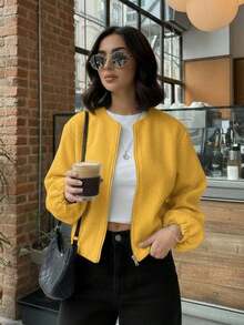 Chaqueta casual de primavera/verano para mujer, elegante y de moda, suelta y suave, de unicolor, con cremallera y bolsillos, chaqueta bomber beige, adecuada para festivales de música/temporada de bodas - Amarillo - Ver 5