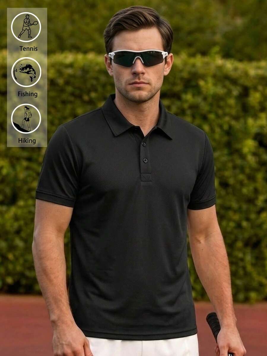 男士純黑色短袖 Polo 衫，休閒運動上衣，適合網球、高爾夫、工作、日常與戶外穿著