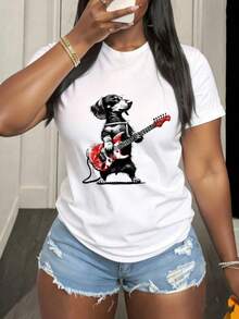 Camiseta Deportiva Casual para Mujer con Gráfico de Perro Blanco y Negro - Camiseta Blanca Elástica de Cuello Redondo, Lavable aáquina, Ajuste Cómodo y Perfecta para Todas las Estaciones, para Amantes de los Animales. - Blanco - Ver 7