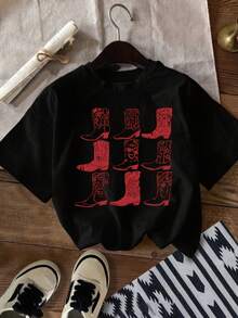 Camiseta Deportiva Casual para Mujer de Cuello Redondo Negra con Gráficos de Botas Vaqueras Rojas - Camiseta Elástica, Lavable aáquina, Ajuste Cómodo y Versátil para Todas las Estaciones. - Negro - Ver 6