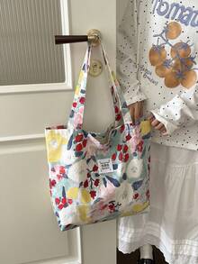 Large Capacity Floral Canvas Tote Bag, Rose Pattern Beach Bag Shoulder Bag, Summer - Multicolor - View 8