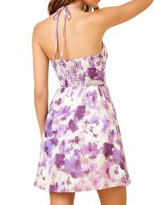 Women's Floral Halter Neck Mini Dress Ruched Backless A-Line Maternity Party Dress With Adjustable Self-Tie - 紫色 - 查看 6
