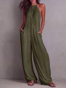 White Wide-Leg Jumpsuit With Pleats And Open Back, Perfect For A Holiday Look. - Army Green - View 1