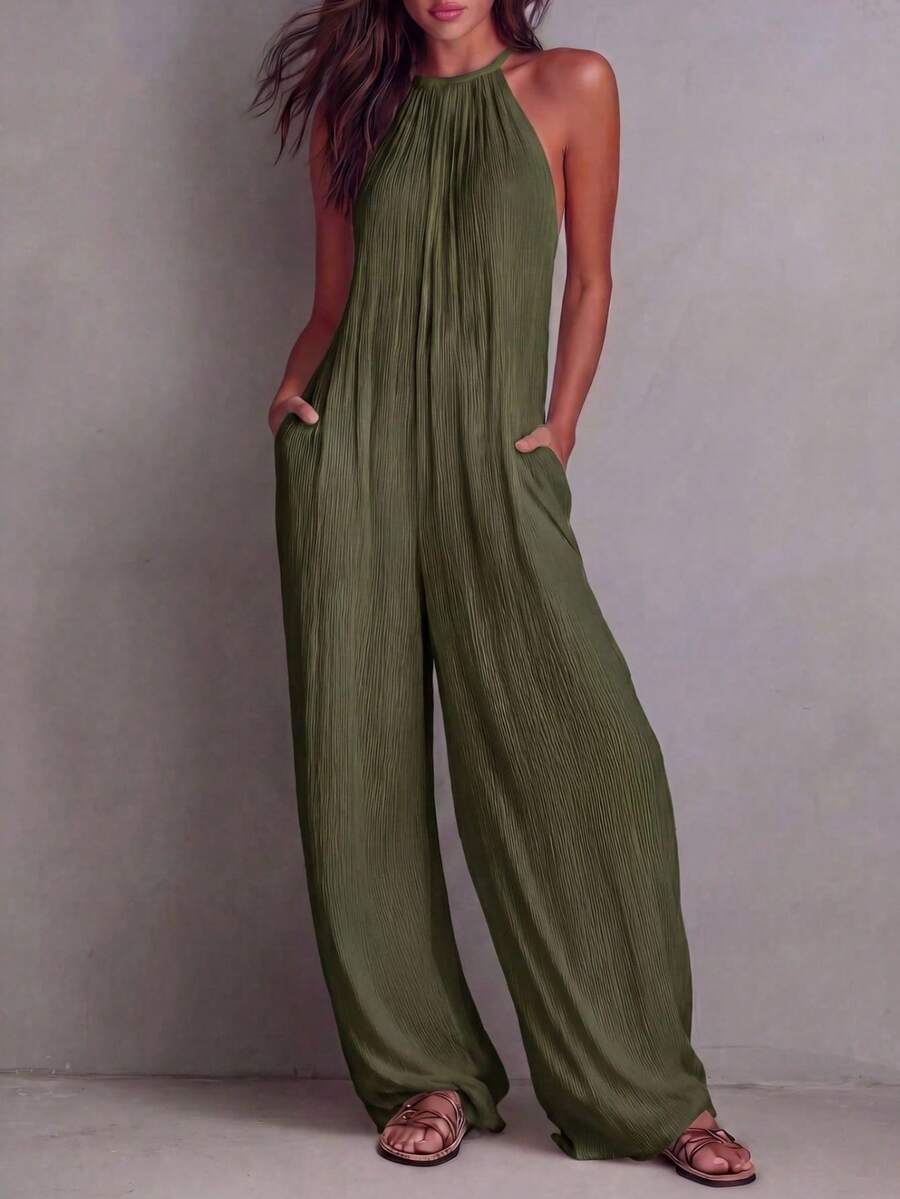 White Wide-Leg Jumpsuit With Pleats And Open Back, Perfect For A Holiday Look. - Army Green - View 1