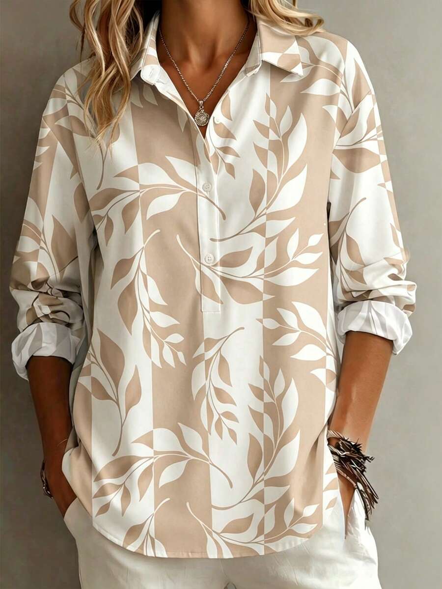 Plus Size Women Leaf Print Front Button Collar Short Sleeve Casual Top Vacation - Khaki - View 1