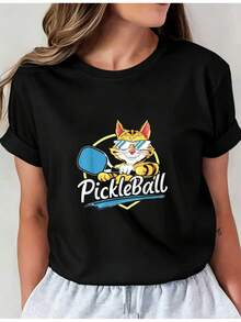 Camiseta Deportiva Casual para Mujer con Gráfico Colorido de Tigre de Caricatura Jugando Pickleball - Camiseta Elástica de Cuello Redondo, Lavable aáquina, Ajuste Cómodo y Apta para Todas las Estaciones. - Negro - Ver 6