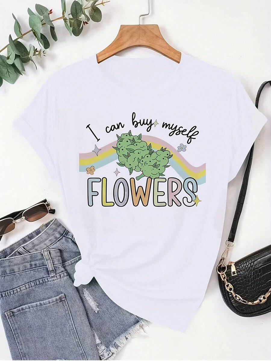 Camiseta de Algodón para Mujer de Diseño Simple y Versátil, Manga Corta, Cuello Redondo, Estampado Geométrico Casual - Lavable a Máquina - Top Versátil para Todas las Temporadas - Blanco - Ver 1