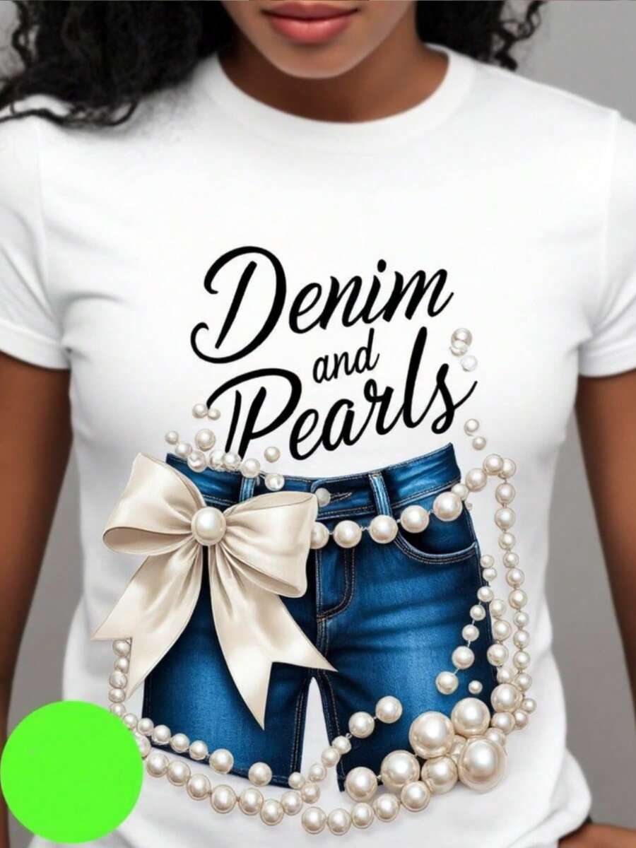 Women's Denim And Pearl T-Shirt - Short Sleeve, Crew Neck, Western Cowgirl Style, With Fringe Tie, Breathable And Machine Washable, Ideal For Ranch, Country Events And Casual Wear - 白色 - 查看 1