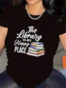 T-Shirt With The Design "The Library Is My Source Of Joy", Suitable For Reading At Home, Durable And Comfortable, Ideal For Both The Living Room And The Study, Lightweight Fabric, Modern And Versatile Casual Top, Universal Basic Style. - White - View 7
