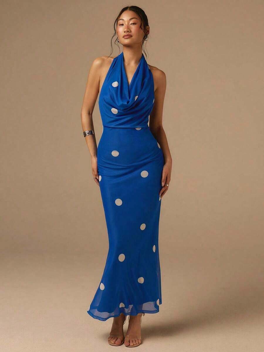 Vestido elegante de mujer con escote pronunciado y espalda descubierta con estampado de lunares, adecuado para primavera, vacaciones, playa, salidas, citas, fiestas y eventos de noche - Negro - Ver 1