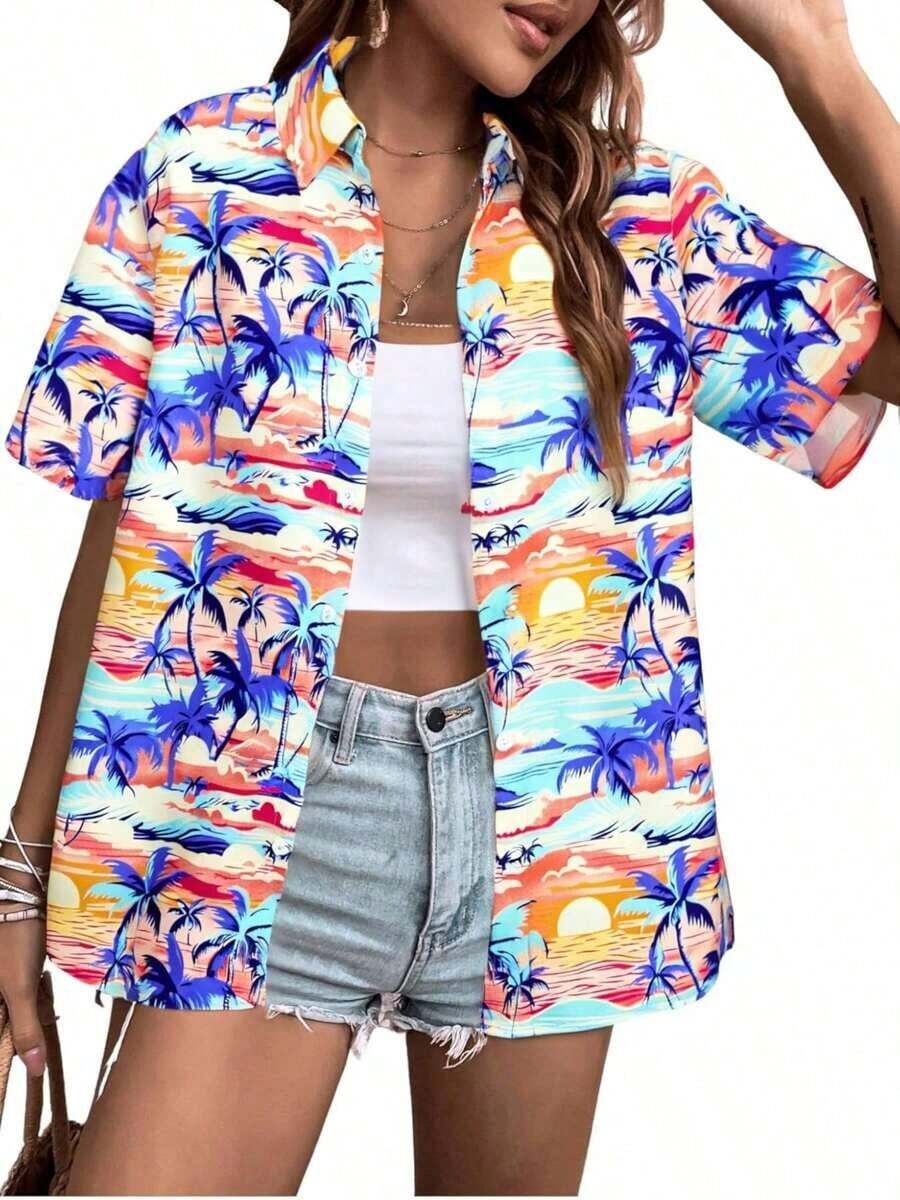Plus Size Women's 3d Fashion Shirt, Floral Tropical Hawaiian Print, Vibrant Summer Vacation Look, Stylish Beach Button-Down Top, Women's Summer Fashion Dress, Women's Chic Blouse. Women's Blouses - 風格 - 查看 1