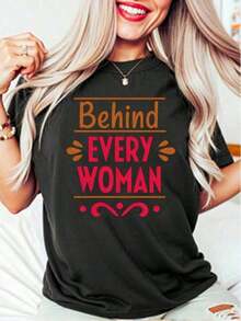 New HIPTEE Women's 100% Cotton Summer Casual T-Shirt With 'Behind Every Woman' Graphic Print, Retro Print Casual Tee In Soft Cotton, Everyday Wear For Brunch And Homework, Relaxed And Flattering Fit - Unisex Everyday Wear For Women And Men For Campus - Vintage Urban Style, Unisex Loose Fit Short Sleeve Crew Neck Cotton T-Shirt - 黑色 - 查看 6