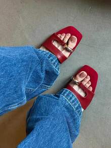 Giày sandal hở mũi kiểu Pháp cổ điển, sandal mùa hè tiện dụng, gót cao dày. - Đỏ - Xem 4