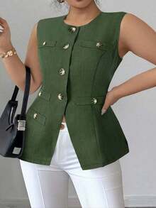 ajustado de estilo francés minimalista, versátil y cómodo con abertura frontal, adelgazante, blazer de verano para mujer de talla grande de tejido tejido elegante y sofisticado - Verde militar - Ver 3