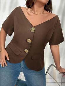 delgada de estilo elegante con botones metálicos, hombros descubiertos y ajuste ceñido, ideal para uso diario, oficina, graduación, regreso a clases y atuendos de maestras en primavera/verano y otoño/invierno para mujeres de talla grande - Marrón - Ver 6