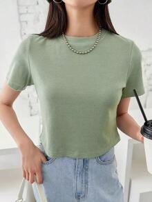 Camiseta de punto acanalado sólido, estilo "Old Money", Crop Tops, Ropa casual de negocios para mujer - verde menta - Ver 6