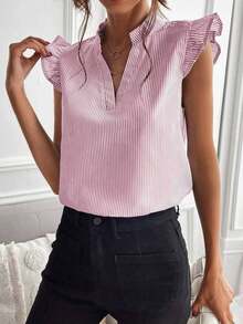 Blusa de mujer de verano casual con cuello con muesca a rayas y volantes en el bajo - Rosa - Ver 4