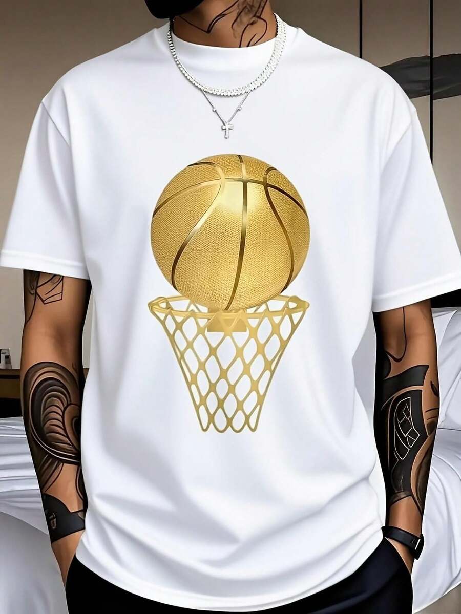 Men's White Short-Sleeved T-Shirt, Plus Size, With A Basketball Design And Gold Hoop. A Casual And Stylish Sports T-Shirt, Perfect For Sports Enthusiasts, Ideal For Indoor Or Urban Wear. - 白色 - 查看 1