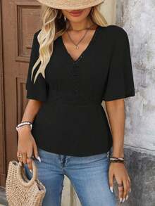 LUNE Blusa de encaje y parches para la cintura, ideal para vacaciones - Negro - Ver 7