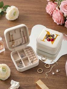 Beige Portable Storage Box - Personalized Letter Gift Box Suitable For Women, Multi-Compartment Jewelry Organizer Suitable For Earrings And Necklaces, Small Zippered Storage Box With Velvet Lining, Travel Storage Box Perfect For Bridesmaid Gifts And Friends - Bow - View 7