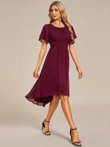 Vestido de dama de honor de gasa con pliegues y mangas con volantes, vestido de noche elegante para invitados de boda en primavera - Burdeos - Ver 4