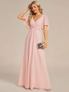 Elegante vestido de dama de honor de gasa con cuello en V, mangas con volantes bordados y plisados, vestido de noche formal para invitados de boda - Rosa - Ver 4