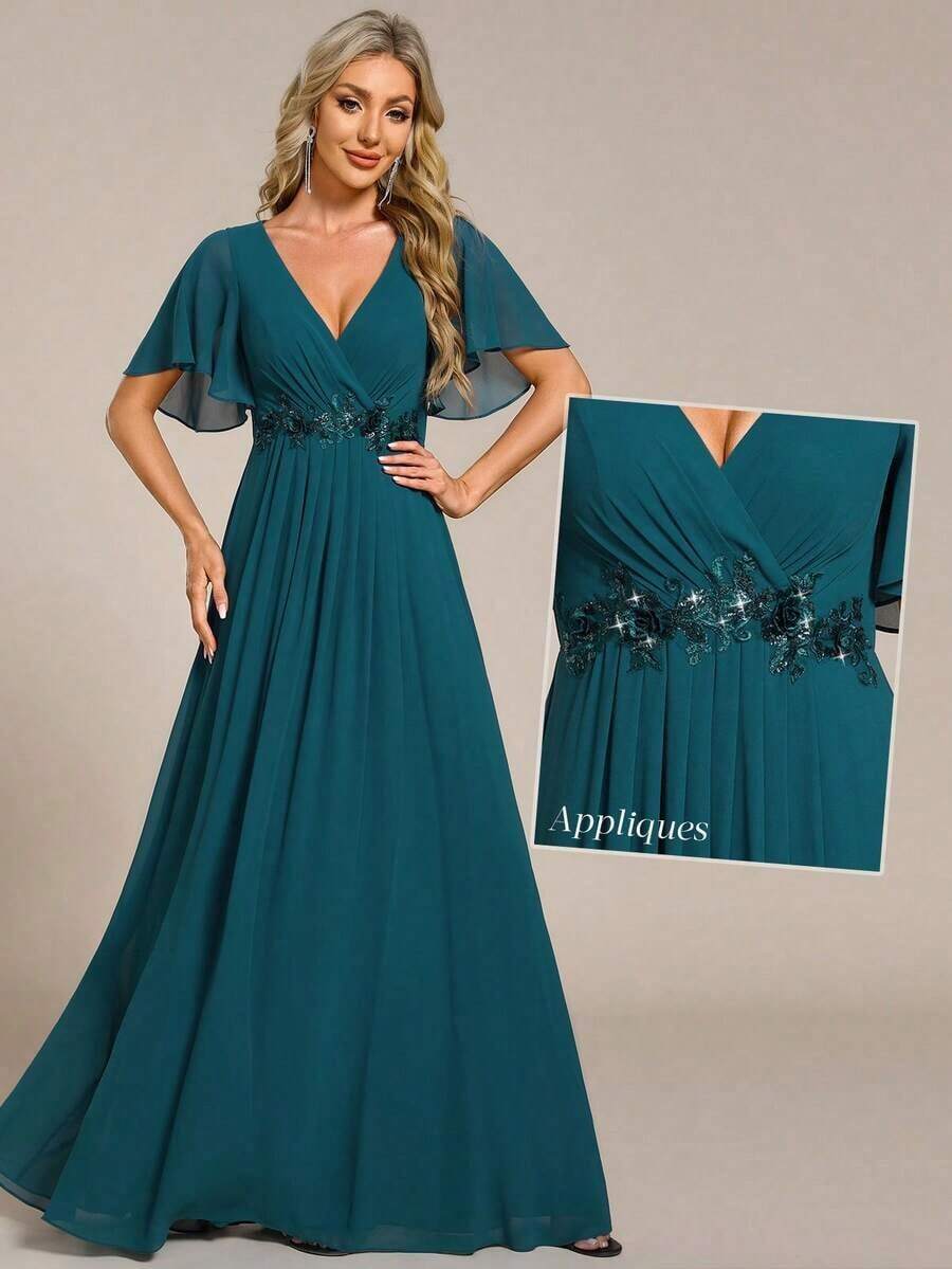 Elegante vestido de dama de honor de gasa con cuello en V, mangas con volantes bordados y plisados, vestido de noche formal para invitados de boda - Agua verde azul - Ver 1