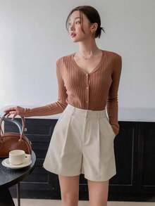 Pantalones cortos de mujer de cintura alta con bolsillos y plisados, de unicolor, para el verano - Beis - Ver 5