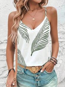 Top de tirantes casual con estampado de plantas para mujer, top de verano para vacaciones, top de verano para mujer, top tipo camiseta de verano casual, top tropical de verano, top casual de verano para mujer, top tipo camiseta de verano para mujer, - Blanco 2 - Ver 3